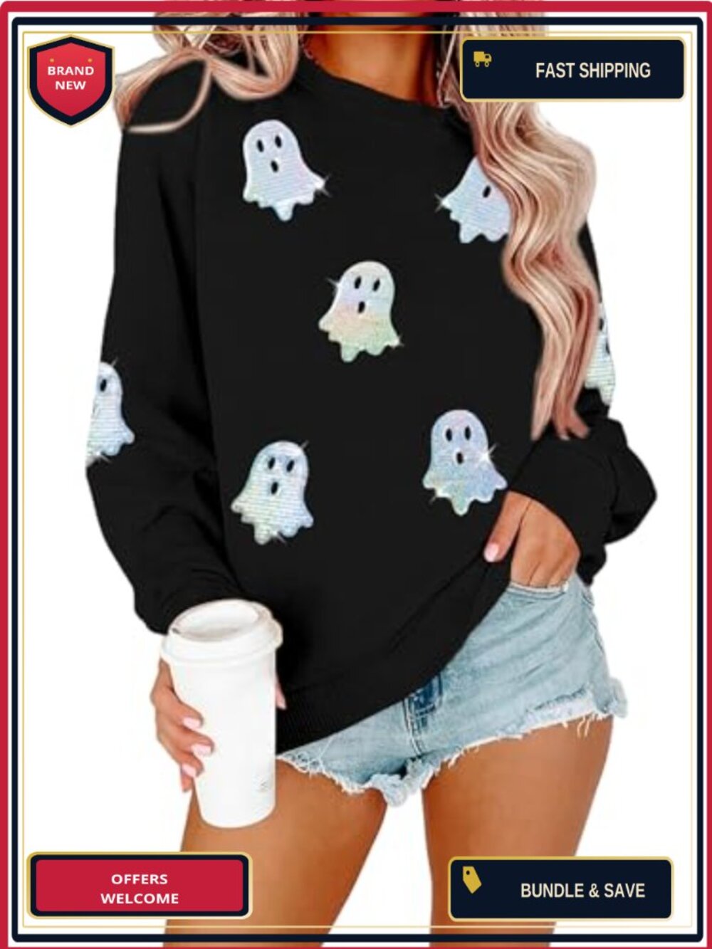 Sequin Ghost Graphic Pullover Sweatshirt Crewneck Ribbed Trim Halloween